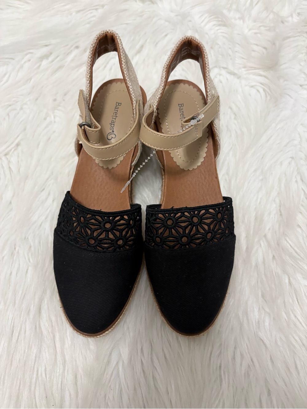 Baretraps Olicia Floral Cut Out Black Canvas Ankle Strap Wedge Sandals